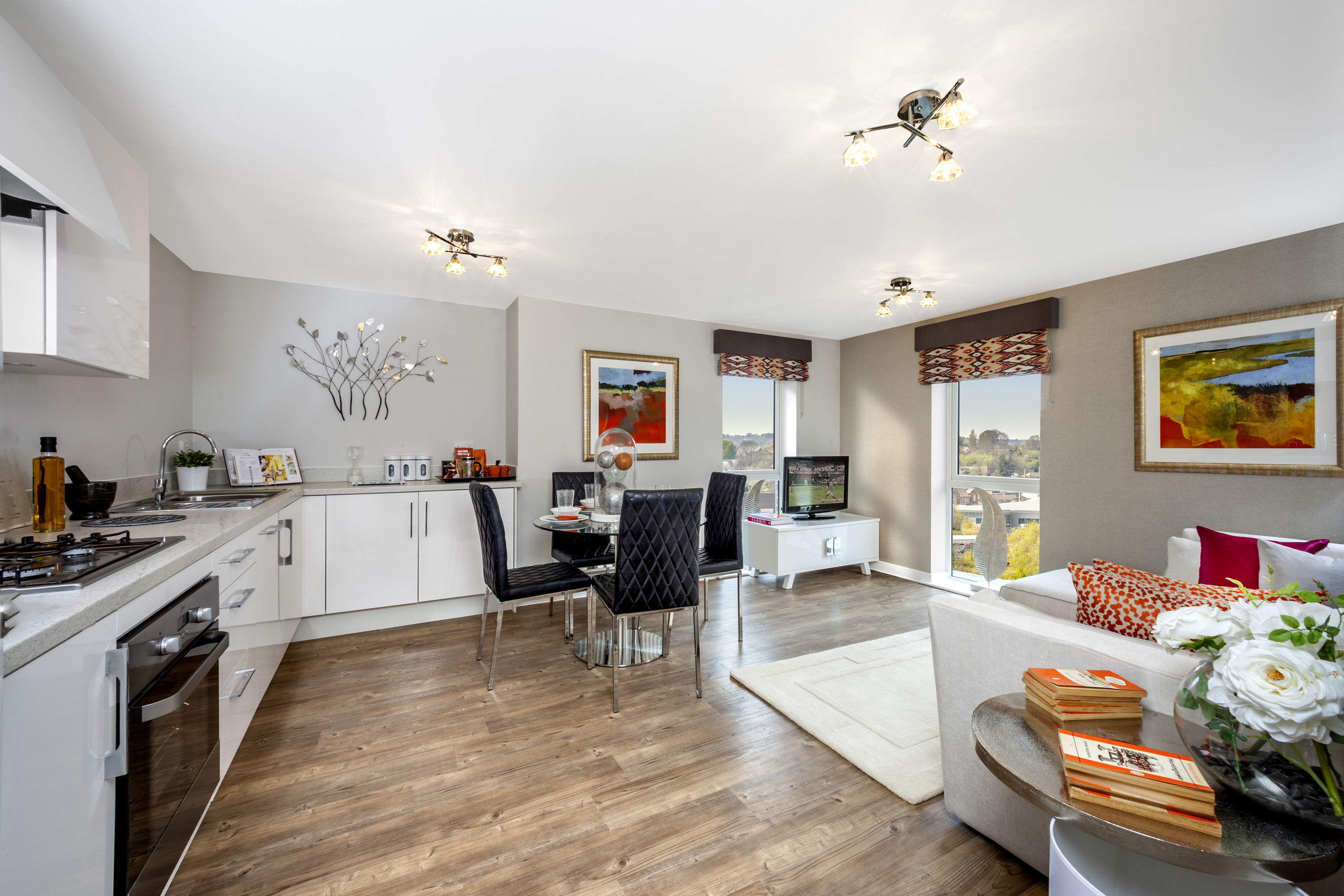 Open-plan apartment lounge and kitchen area