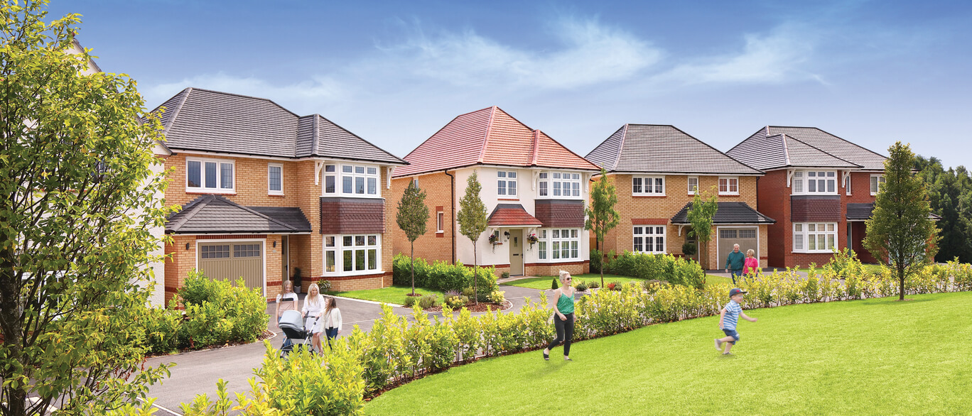 Modern semi-detached houses with front gardens and a green lawn, children playing, and adults walking on a sunny day in a suburban neighbourhood