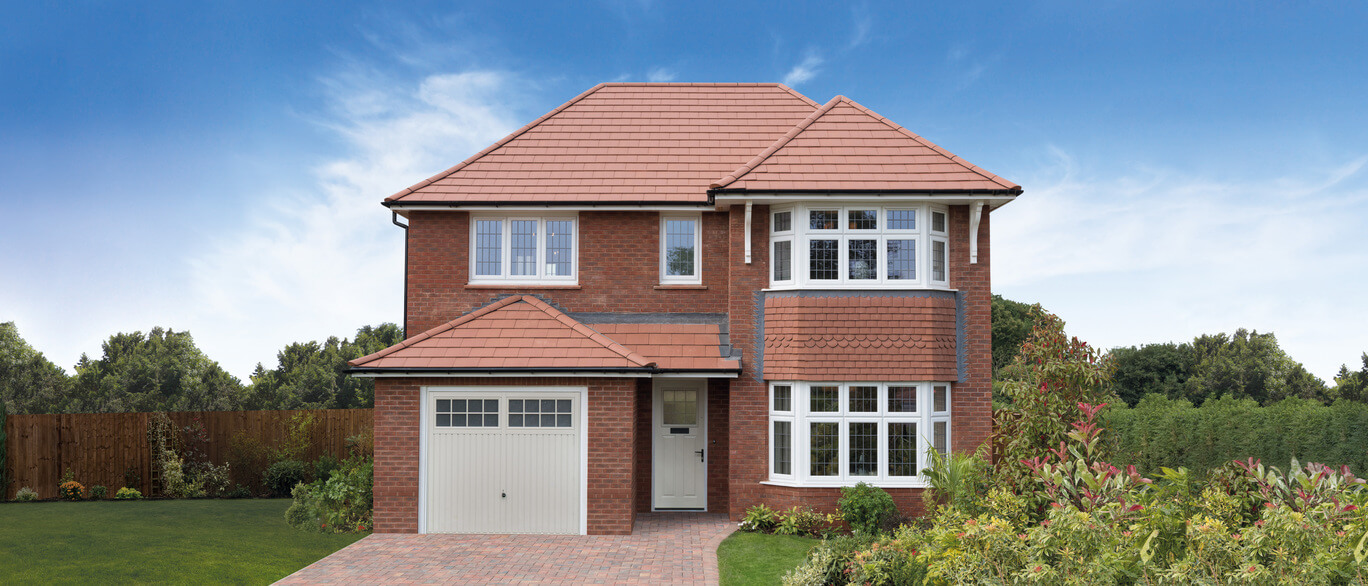 Modern, red brick, two-storey family house with a garage, large bay window, and well-maintained front garden under a blue sky at Radbourne View.