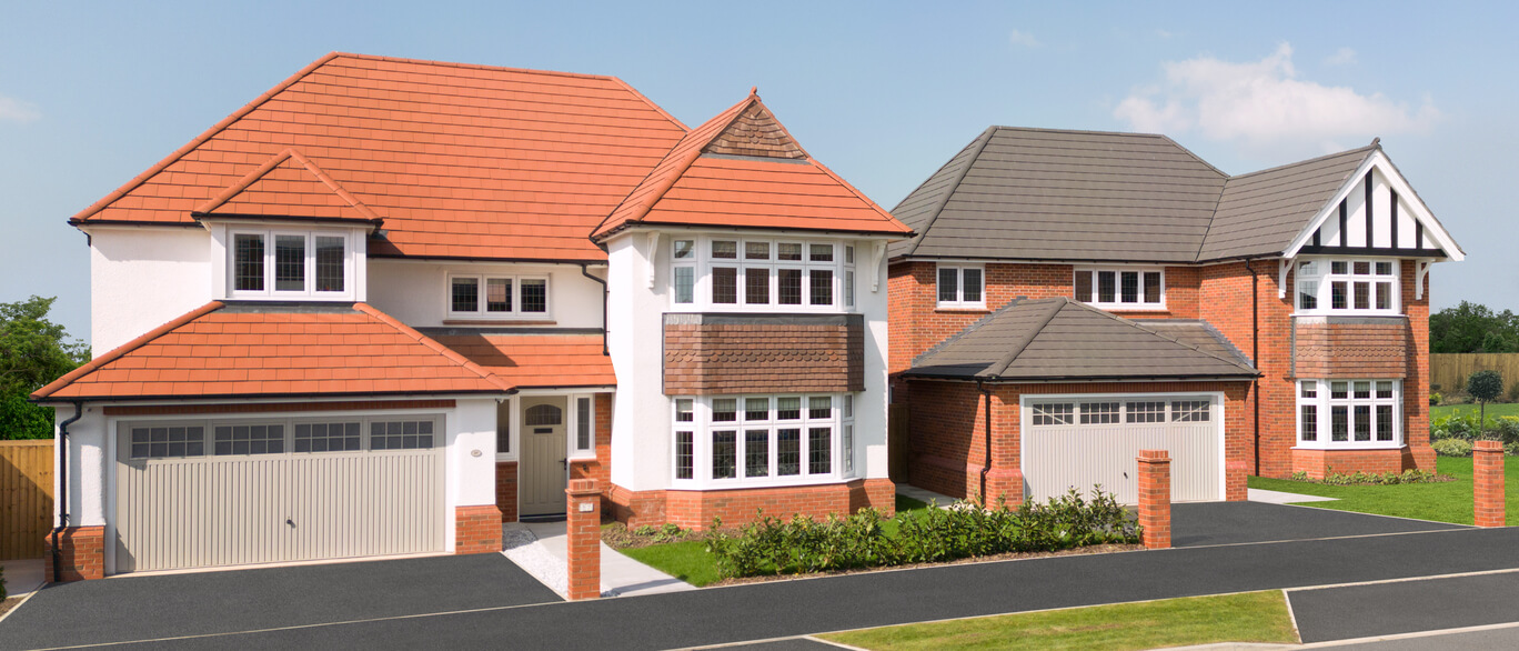 Modern detached houses with red and grey tiled roofs, white and brick exterior, and Driveways on a sunny day at Nicker Hill at Redrow at Nicker Hill.