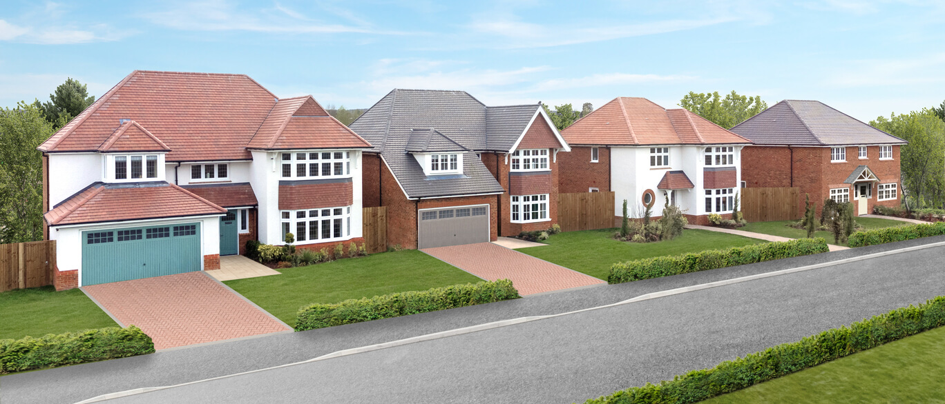 Modern detached houses with a mix of brickwork, white render, and varying roof tiles, set on a landscaped street with paved driveways and green lawns at Hamlet Park.