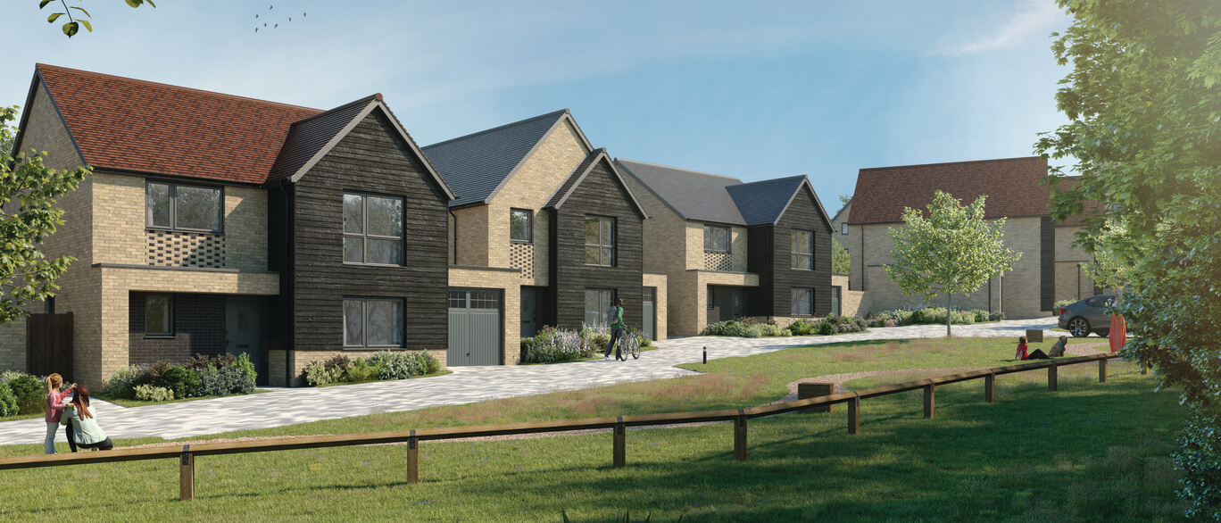 Modern semi-detached brick houses with black front doors, white window frames, and small front gardens, under a clear blue sky at The Lakes at Stonehaven Park.