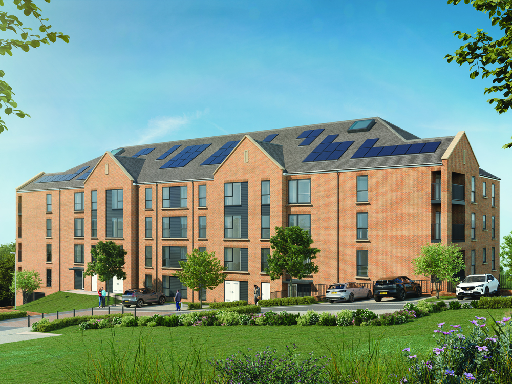 CGI of York House external at The Mill with landscaped surroundings, situated near river Medway
