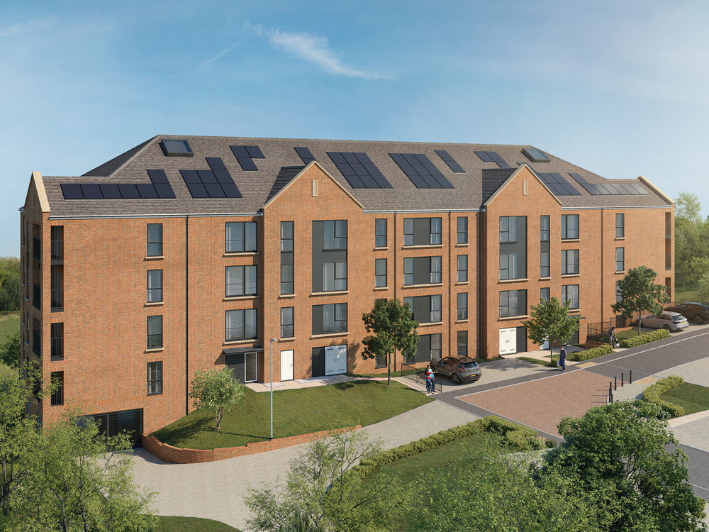 CGI of York House external at The Mill with landscaped surroundings, situated near river Medway