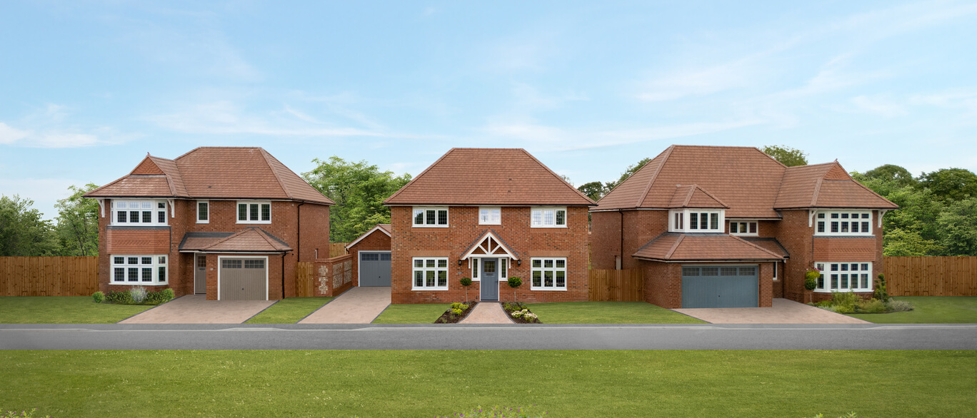 Three modern brick detached houses with driveways and front gardens under a blue sky, surrounded by green trees at Hampden Meadows.