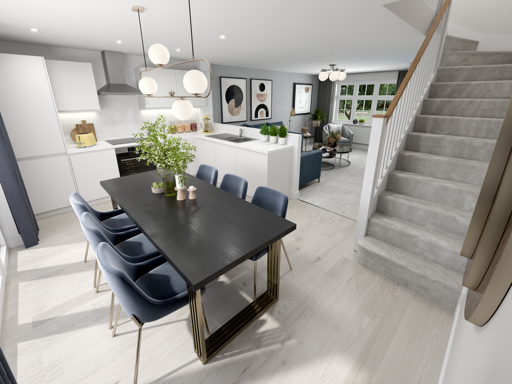 The kitchen, dining and family area in The Bakewell House