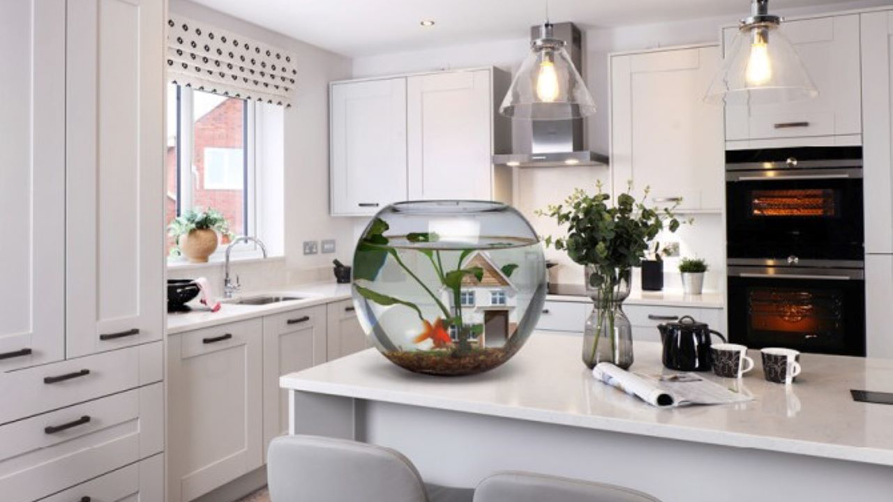 Large fishbowl sitting on a kitchen island