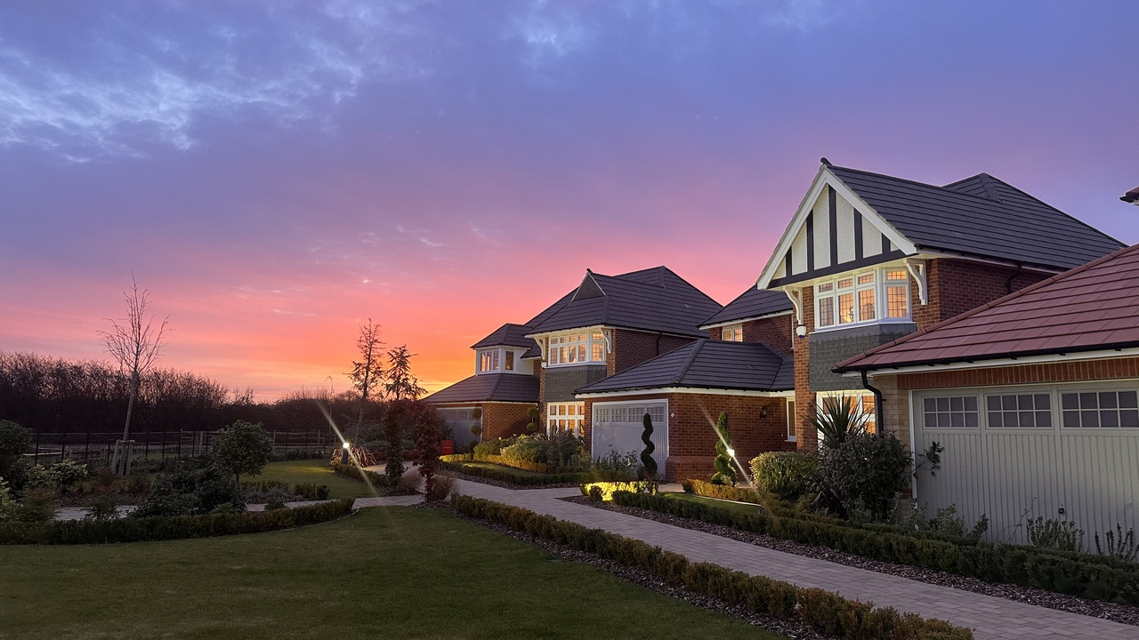 Heritage homes against a purple and pink sky
