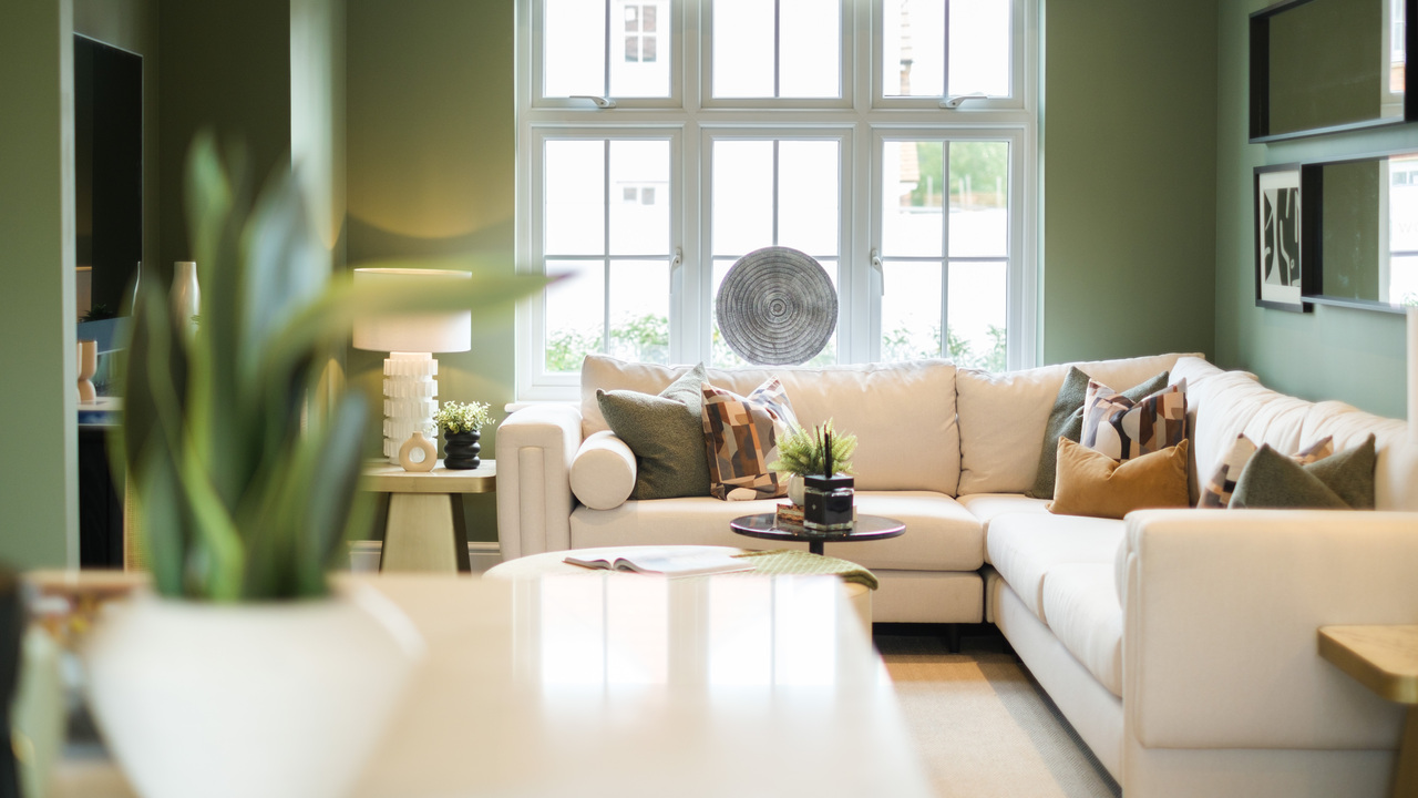 Lounge with green walls, a beige sofa, plants and a large window letting in lots of natural light