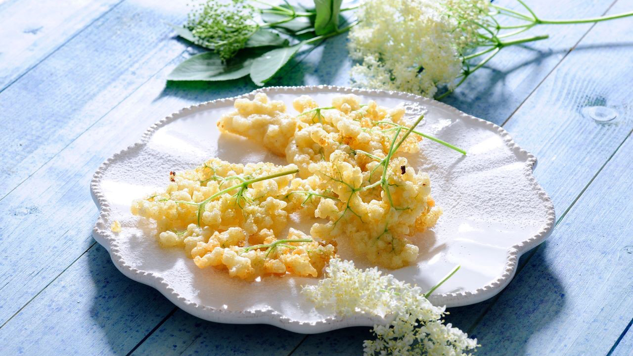 Elderflower fritters garnished with elderflower stems on a scalloped plate