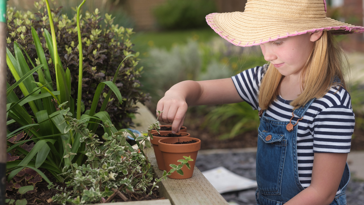 Child planting seeds in plant pots