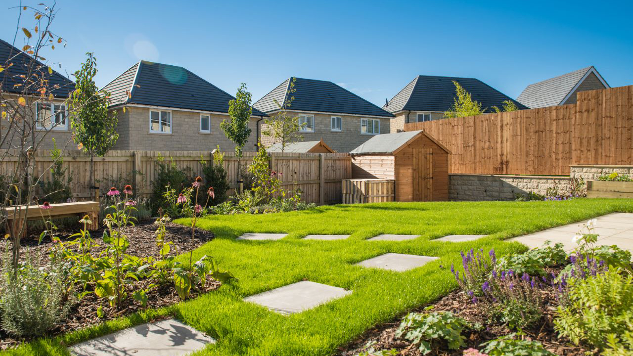 Garden with stepping stones and a shed on a sunny day