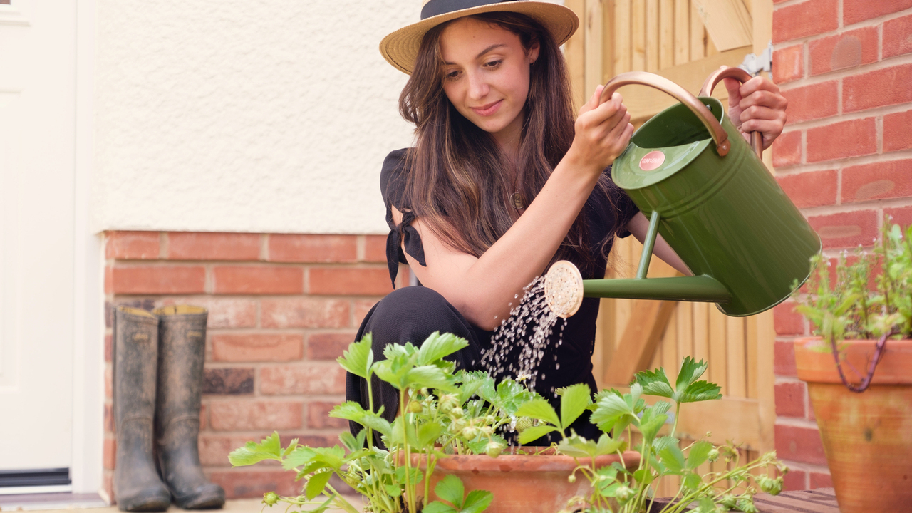 Woman with long brown hair using a green watering can to water potted plants