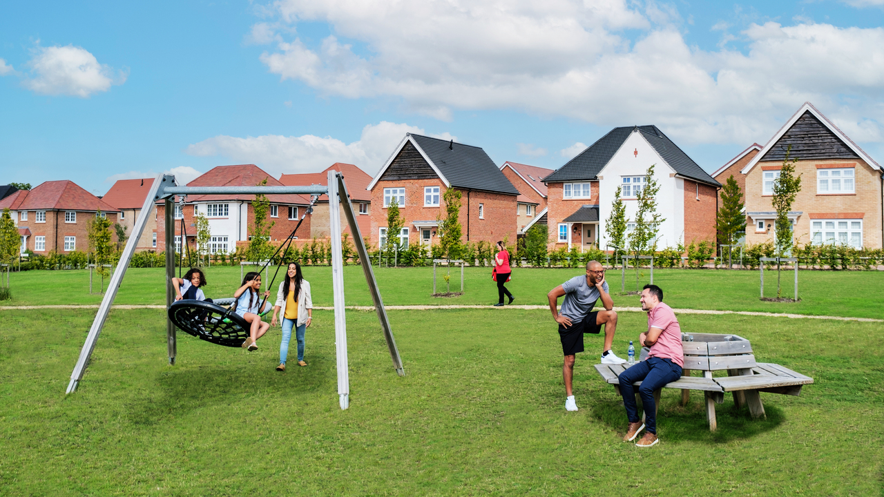 Family and friends in park area, children on swing