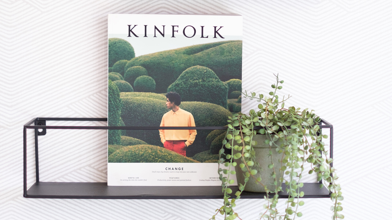 Black frame shelf holding a trailing plant and magazine named Kinfolk