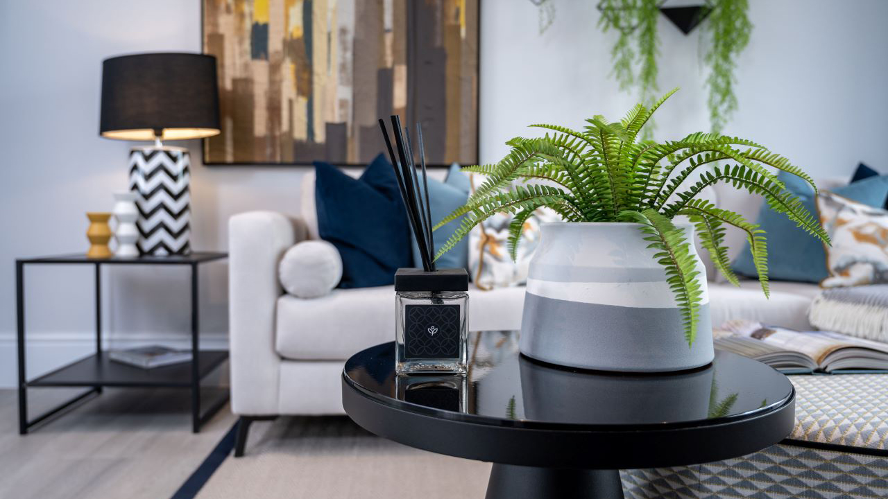 Black side table with a potted fern and reed diffuser on top. In the background is a cream sofa with blue scatter cushions.