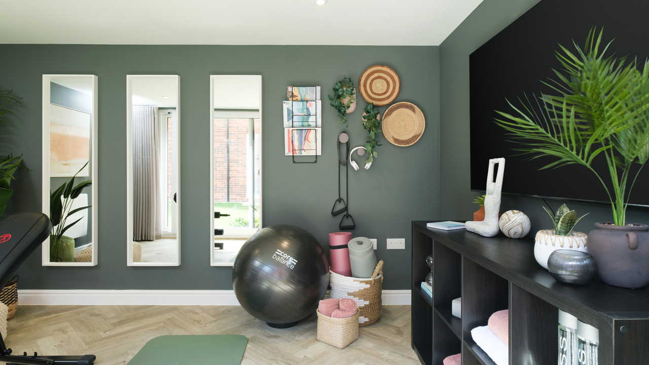 Home gym with yoga mats and an exercise ball