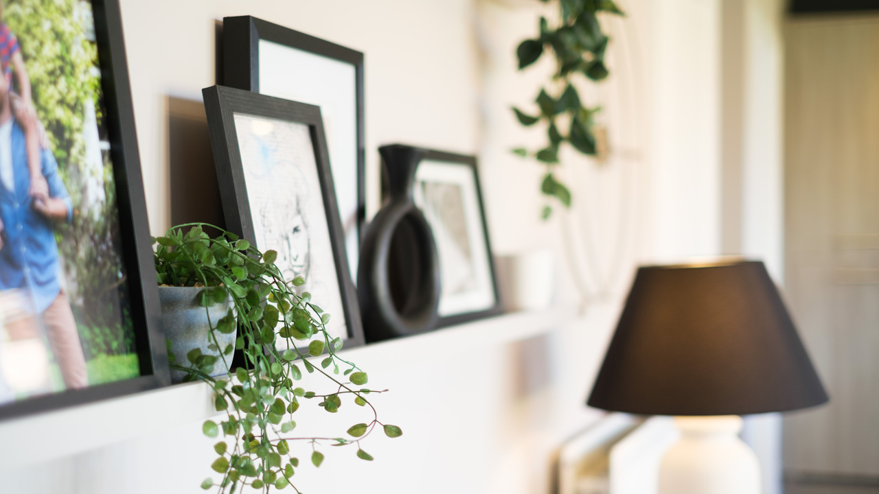 Black shelf holding a trailing plant and framed art and photos