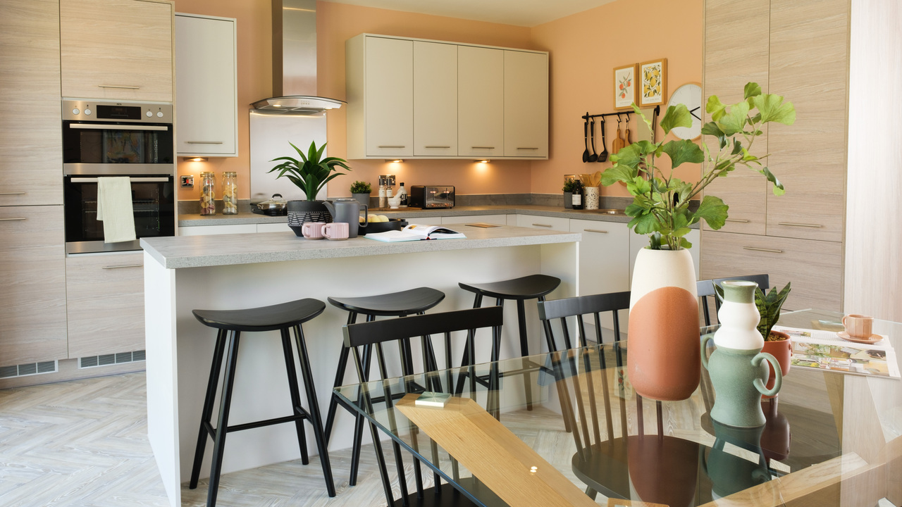 Contemporary kitchen with peach walls and a pale grey laminate worktop