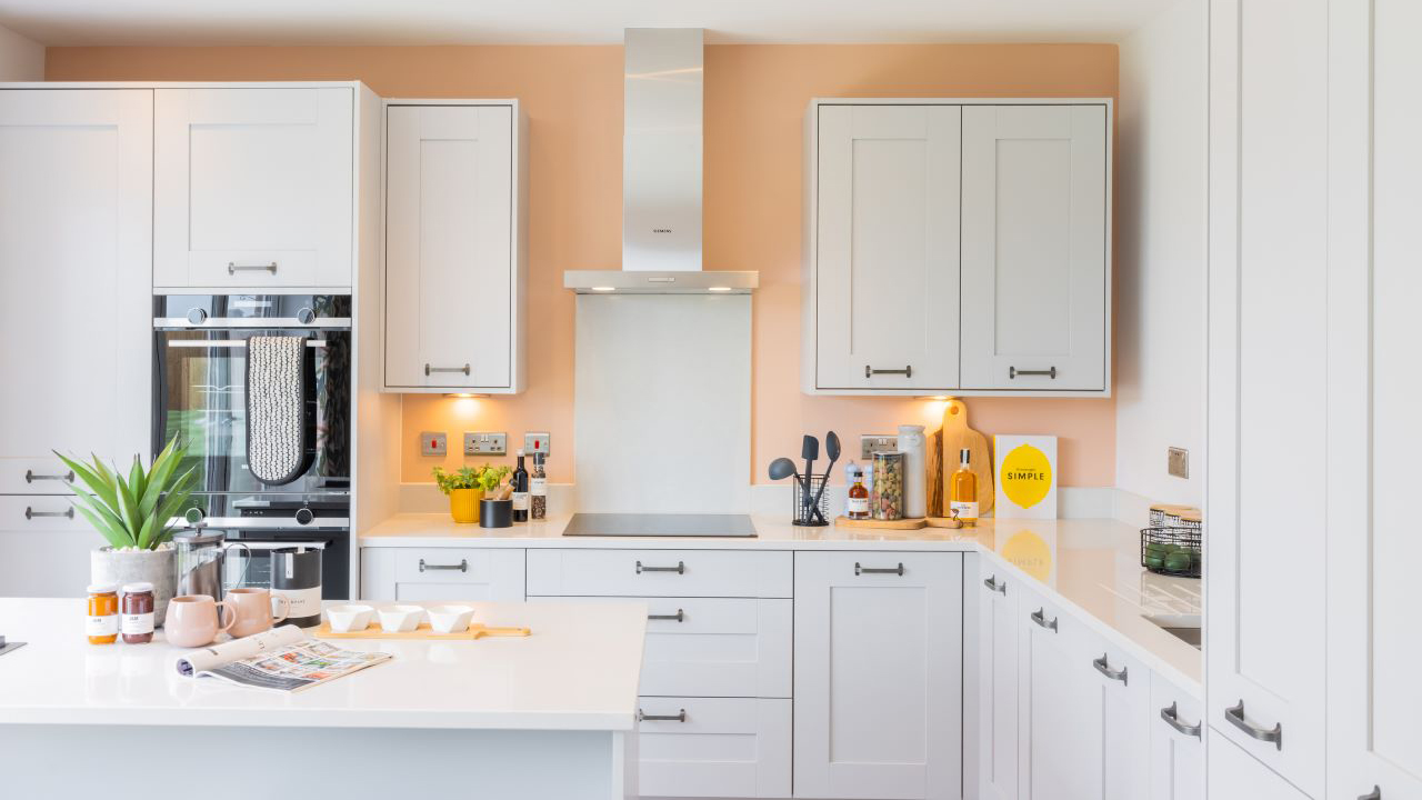 Elegant shaker-style kitchen with peach walls and grey units