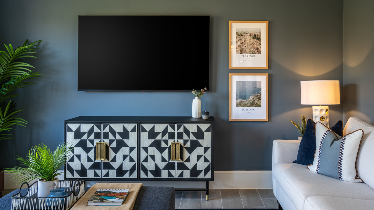 Family room with teal walls and a wall-mounted TV