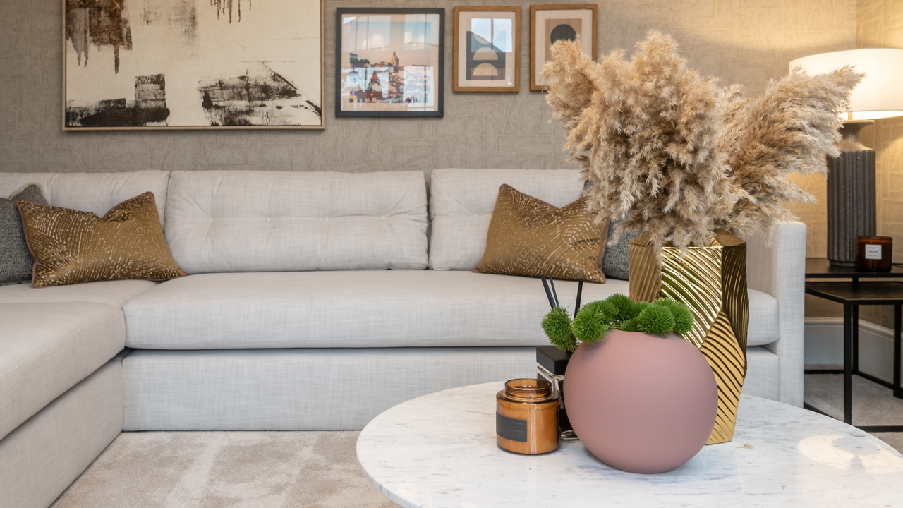 Warm white lounge with marble coffee table