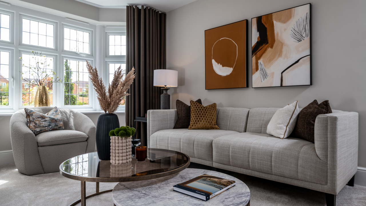 Soft grey lounge with pops of ochre
