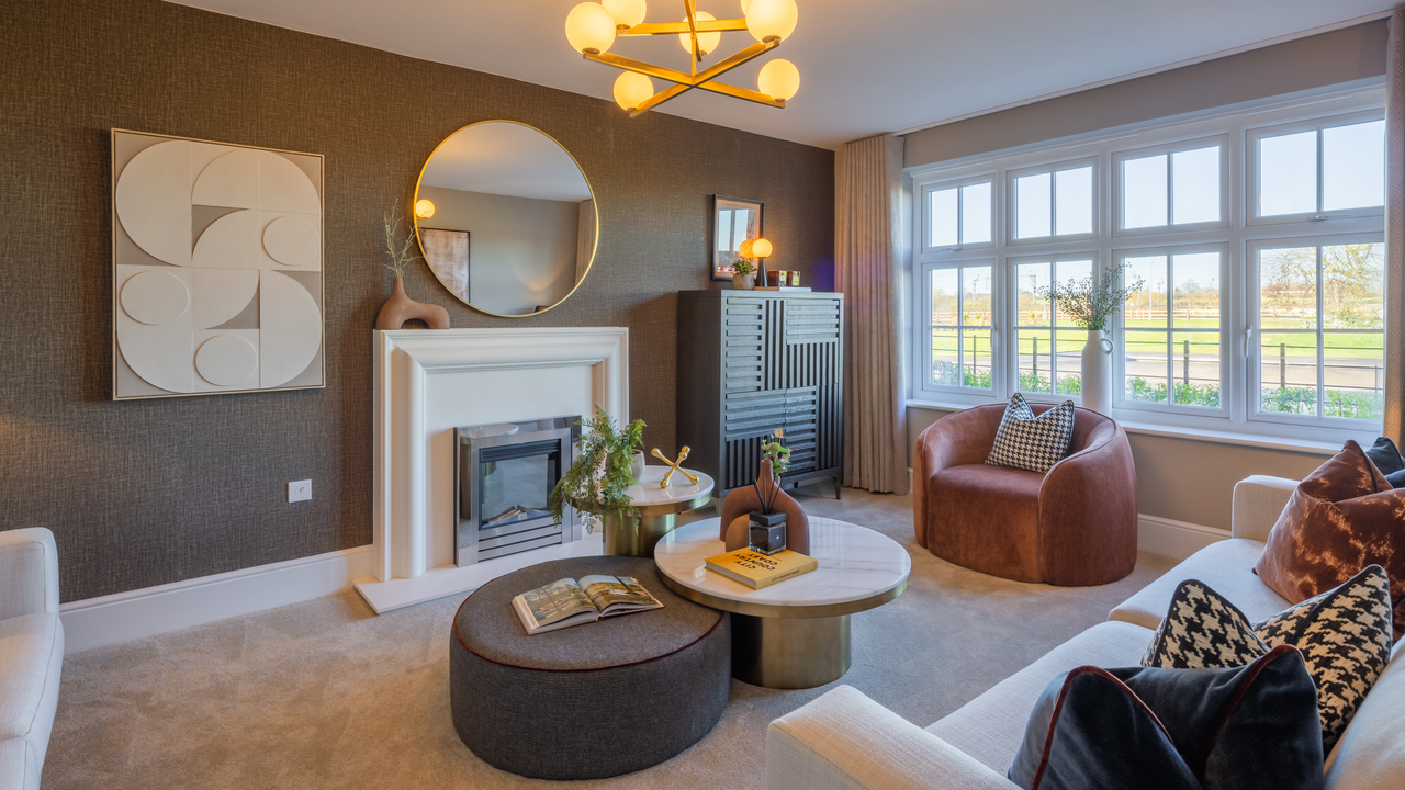 Carpeted lounge with nesting foot pouffe and coffee table