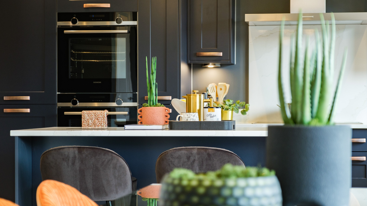 Blue kitchen with breakfast table and plants