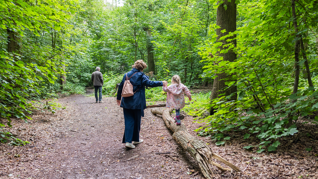 Mother and daughter walking through nature park