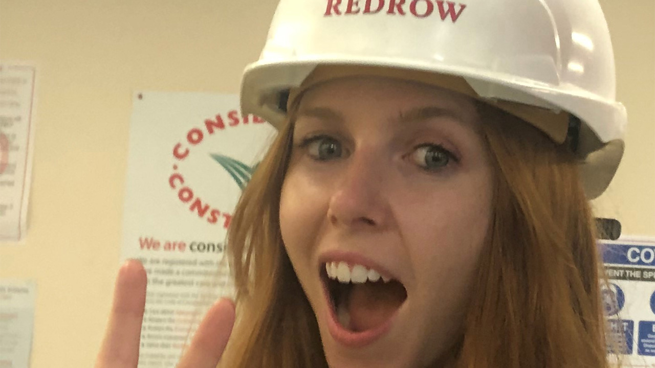 Stacey Dooley in a Redrow hard hat