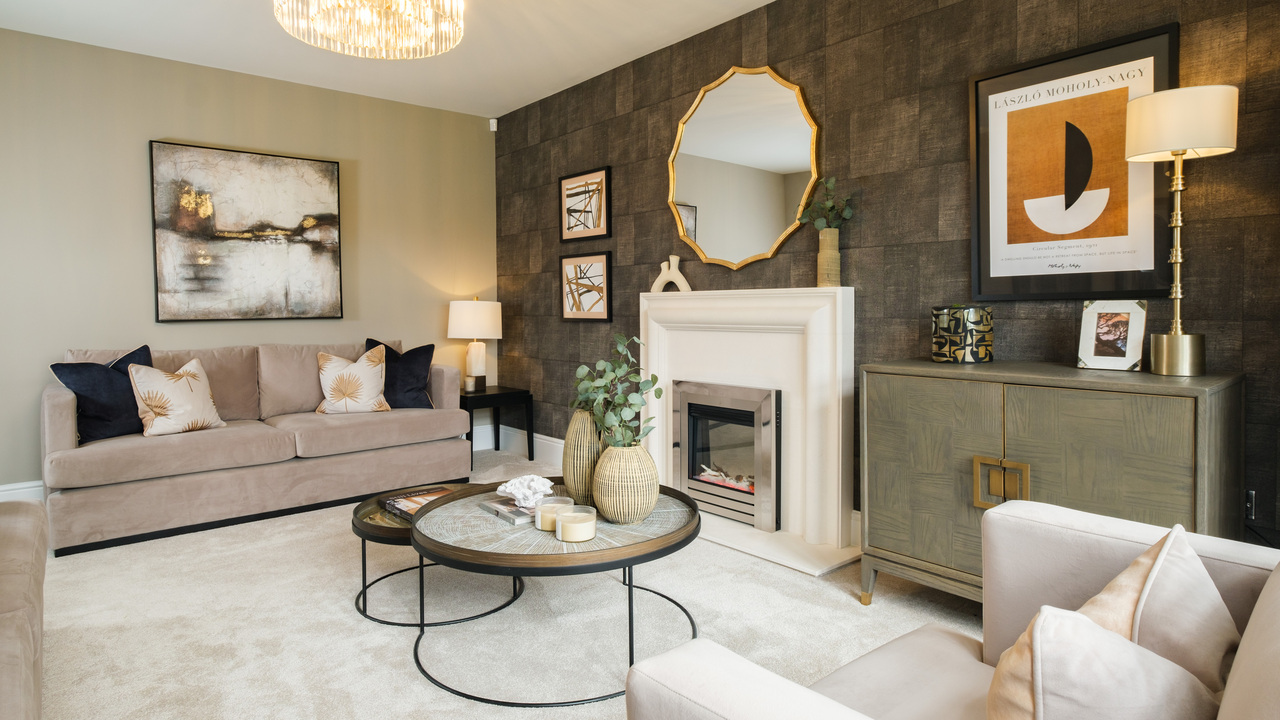 Lounge with textured wallpaper and cream carpet