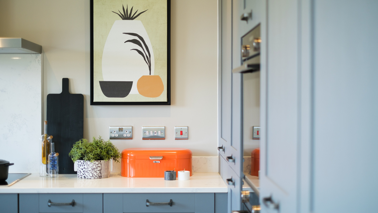 Pale blue kitchen with orange accessories