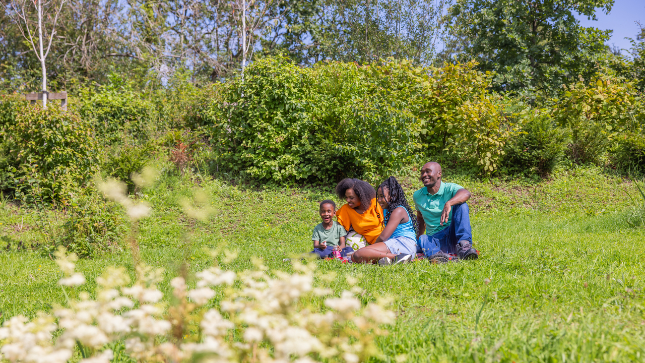 Family sat together and laughing on some grass