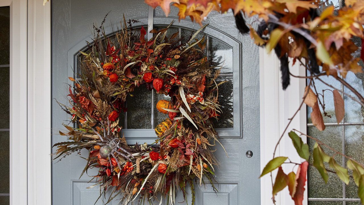 Halloween wreath on the front door of a Redrow home