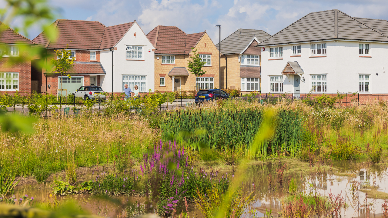 Redrow development situated next to a meadow and a pond