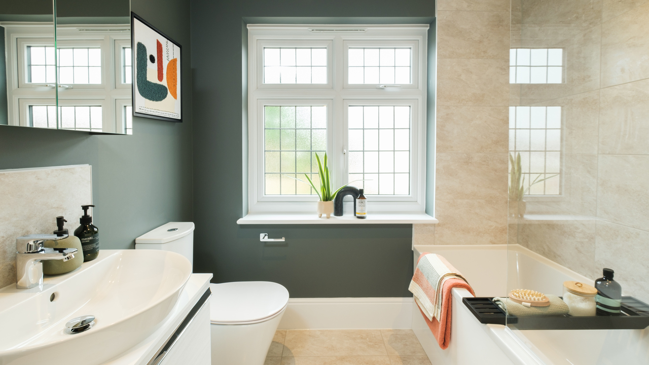 Bathroom with large window and dark walls